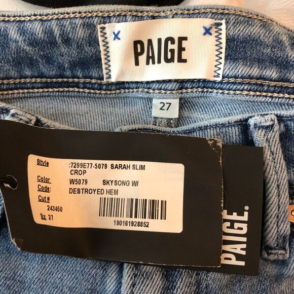Paige Sarah Slim Crop High Rise Jeans Skysong Wash Destroyed Hem 27 - Picture 3 of 4